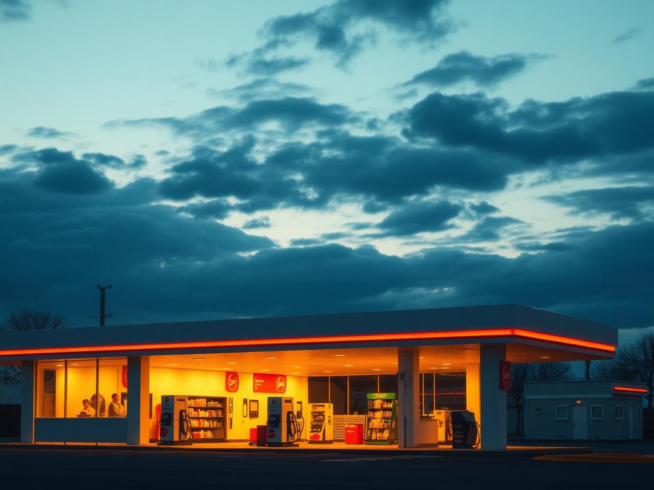 Modern convenience store at dusk with warm interior lighting