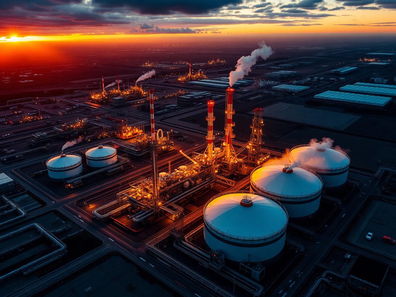 Aerial view of a petroleum refinery at sunset